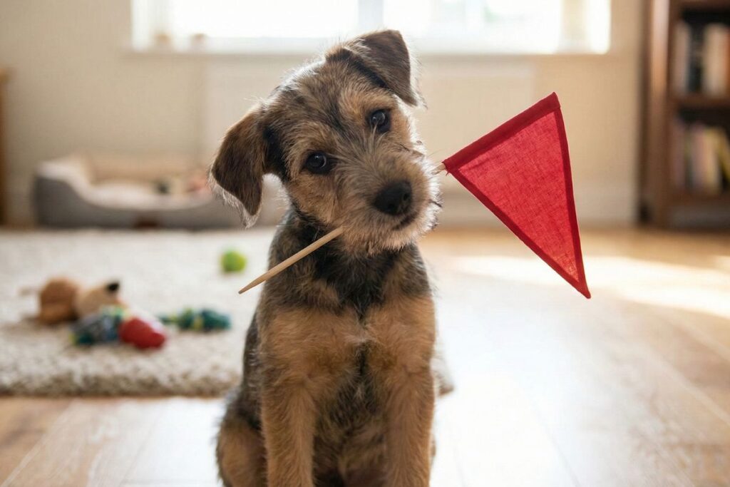 Puppy holding a flag illustrating puppy buying red flags
